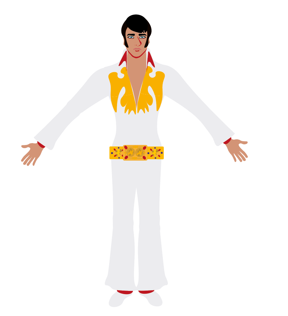 Illustratie van Elvis in wit jumpsuit.